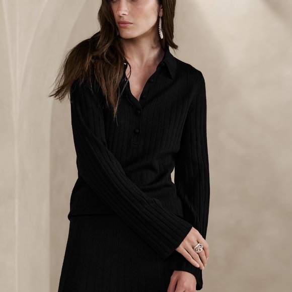 NWOT 100% Merino Wool Nezha Black Sweater Polo w/covered buttons  Banana R Sz XS - Picture 10 of 10